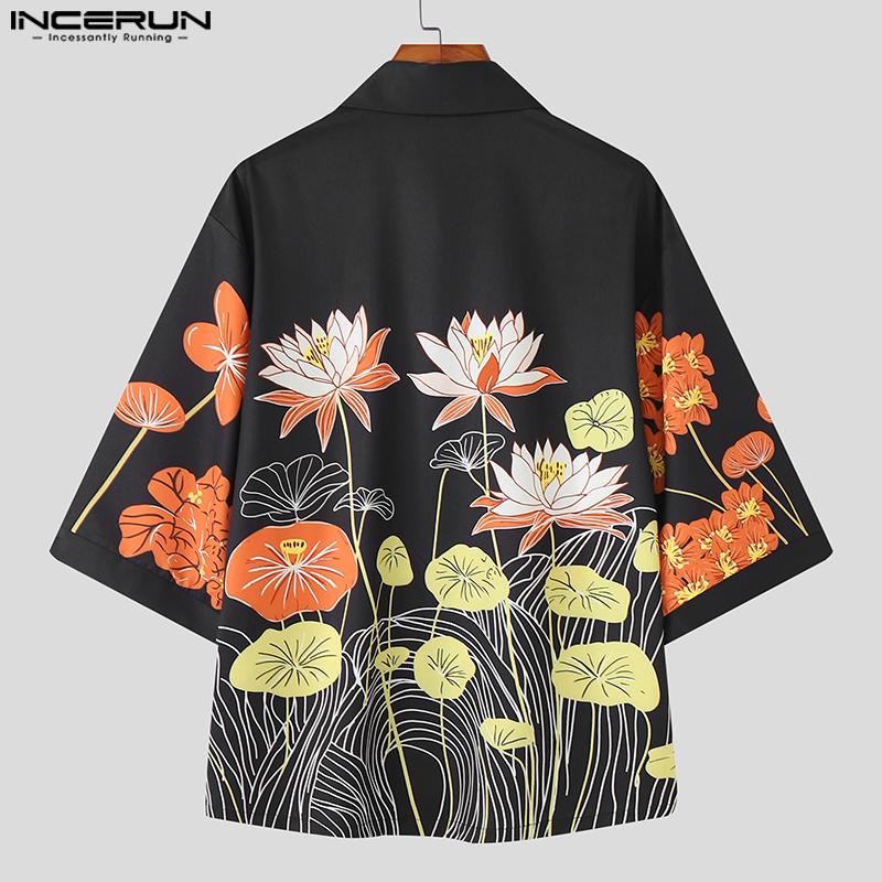 INCERUN Cămăși Topuri Bărbați Casual Largi cu Rever Mânecă Scurtă Imprimeu Floral Supradimensionate