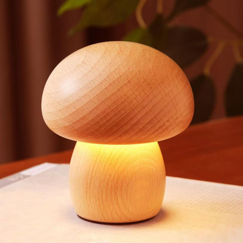 Mini Natural Wood Mushroom Lamp Touch Control LED Night Light for Bedroom Bedside Decor Lamp