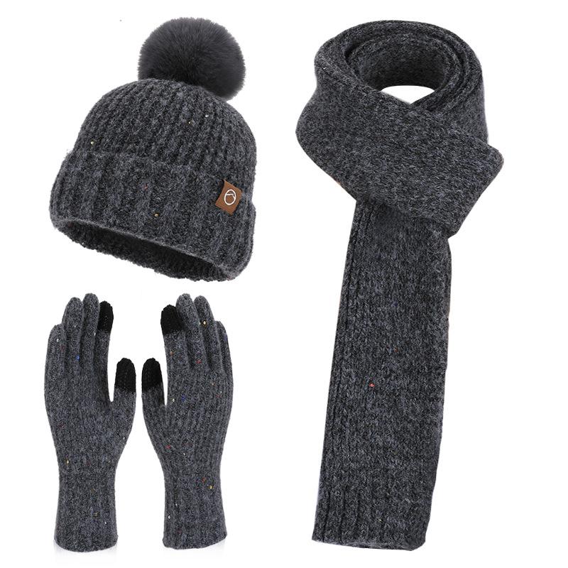 Winter Velvet Ear Protector Pullover Hat Women's Cold Protection and Warmth Knitted Wool Hat Wool Hat Scarf Gloves Three-piece Set