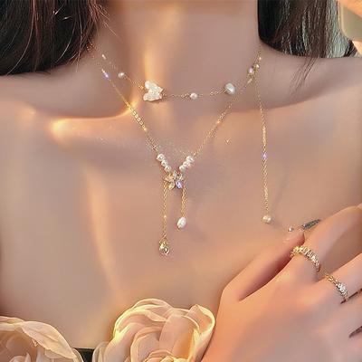 Nový módní trend Jedinečný design Elegantní Jemný Zirkon Motýlí Květ Perlový náhrdelník s klíční kostí Dámské šperky Dárek na párty