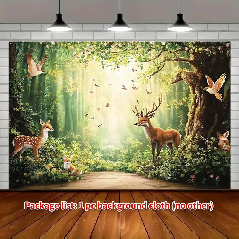 2D Sunlit Forest Deer Tapestry Enchanted Green Woodland Wildlife Wall Decor
