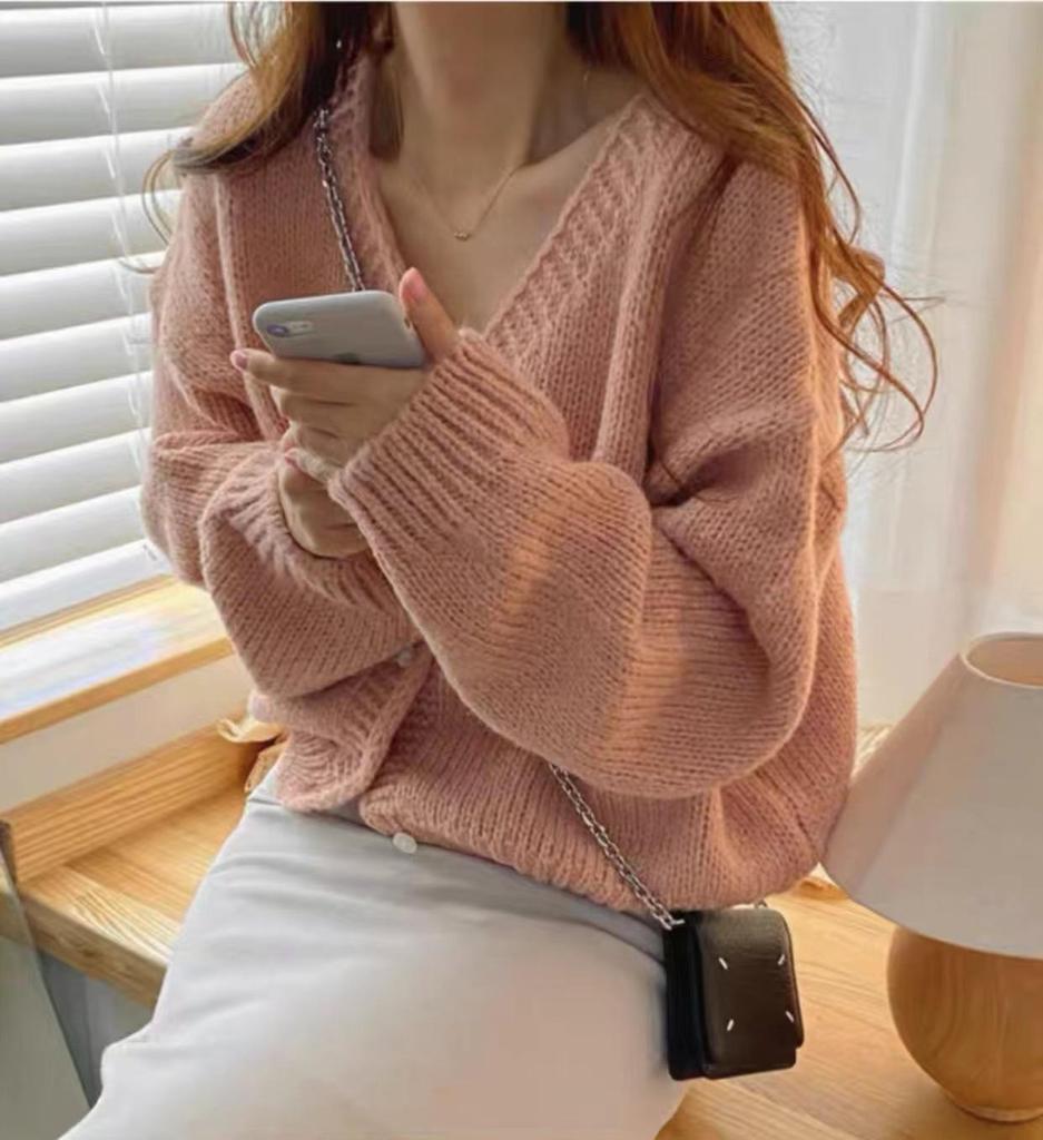 Petite XXS Damen Koreanischer Chic V-Ausschnitt Dicke Wolle Gestrickter Cardigan Pullover