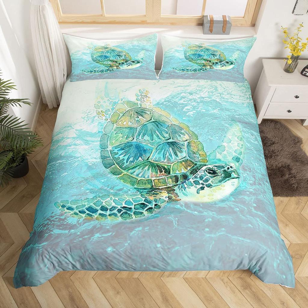 Sea Turtle Duvet Cover Set King Size Watercolor Tortoise Butterfly Comforter Cover for Boys Girly Dreaming Style Bedding Set