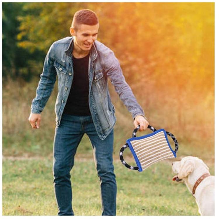 Eco-Friendly Dog Bite Pillow Linen & Jute Tear Resistant 3-Handle Safety Training Dog Toy