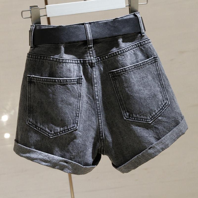 Grey Denim Shorts Women's Summer High Slim Wide Leg Pants