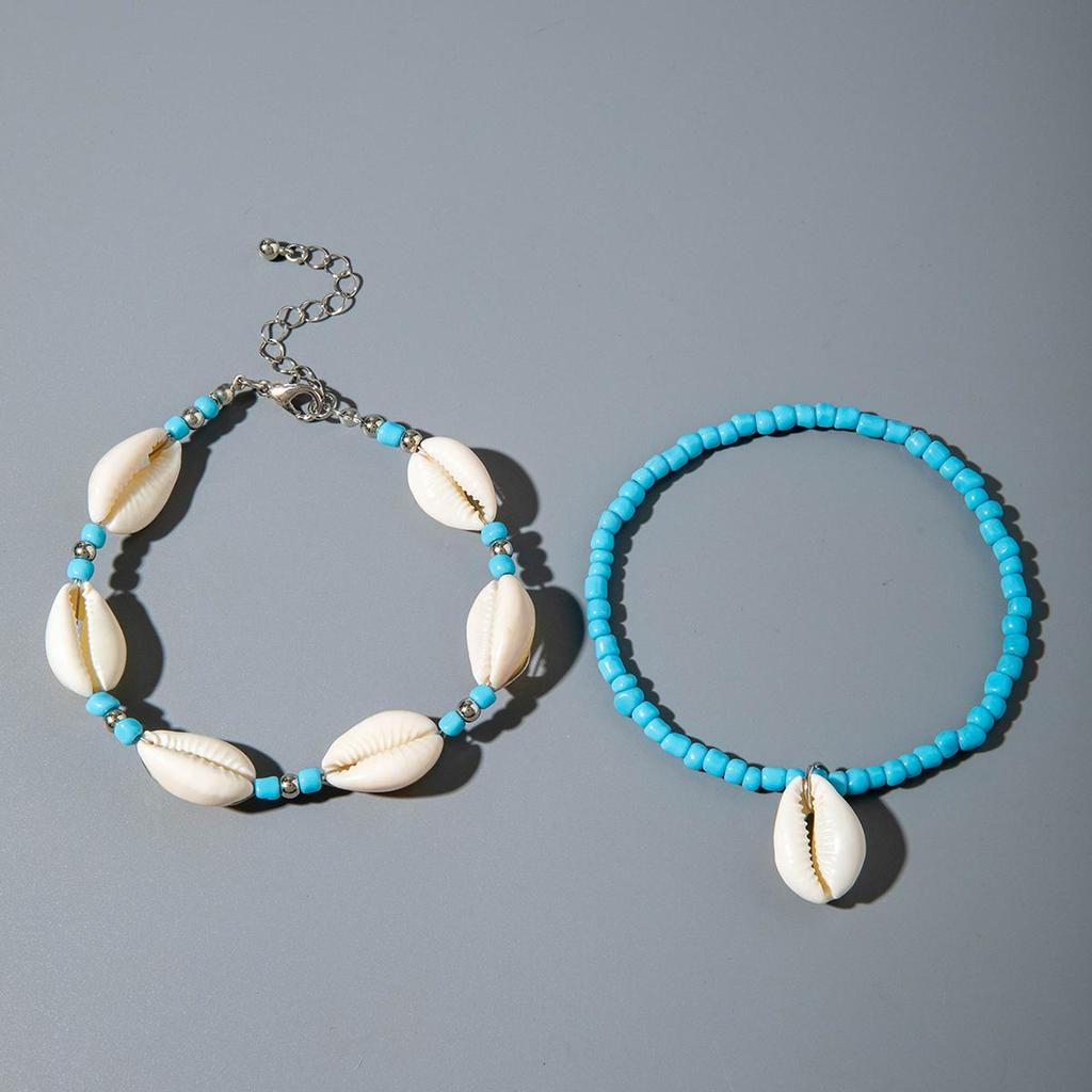 2pcs Fashionable and Simple Bohemian Beach Shell Rice Bead Foot Chain Women's Jewelry Colorful Foot Chain Accessories