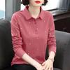 Polo à manches longues pour femme polyvalent Vêtements d'automne Ample Maternité Grande taille Cache-ventre Col rabattu T-shirt