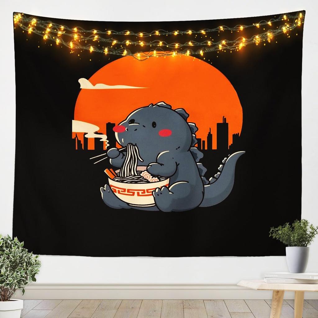Japanese Crane Tapestry, Black Background with Red Sun, White Clouds and Sakura Print Wall Hanging for Bedroom,Living Room Decor