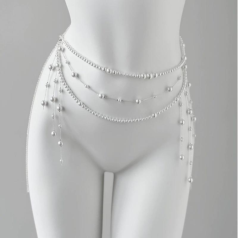 Adjustable Fit Multilayer Pearl Waist Chain 1Pc Retro Y2K Designer Women's Belt for All Body Types Daily Wear