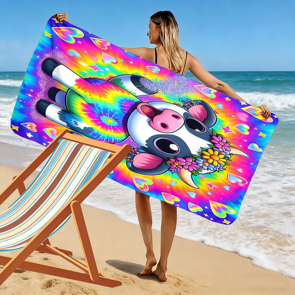 Colorful Tie-Dye Cow with Floral Crown Patterned beach towel quick dry perfect for travel outdoor sports jogging the beach and swimming