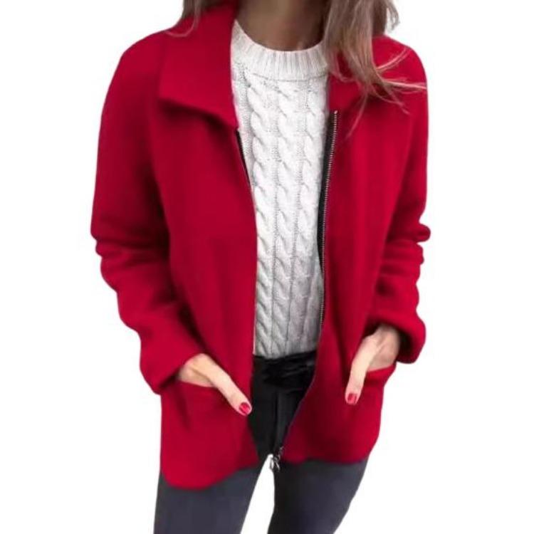 Long Sleeved Women Jacket Turn Down Collar Loose Thermal Coat Solid Color Zipper Closure Pockets Commuting Dating Office Spring Fall Winter