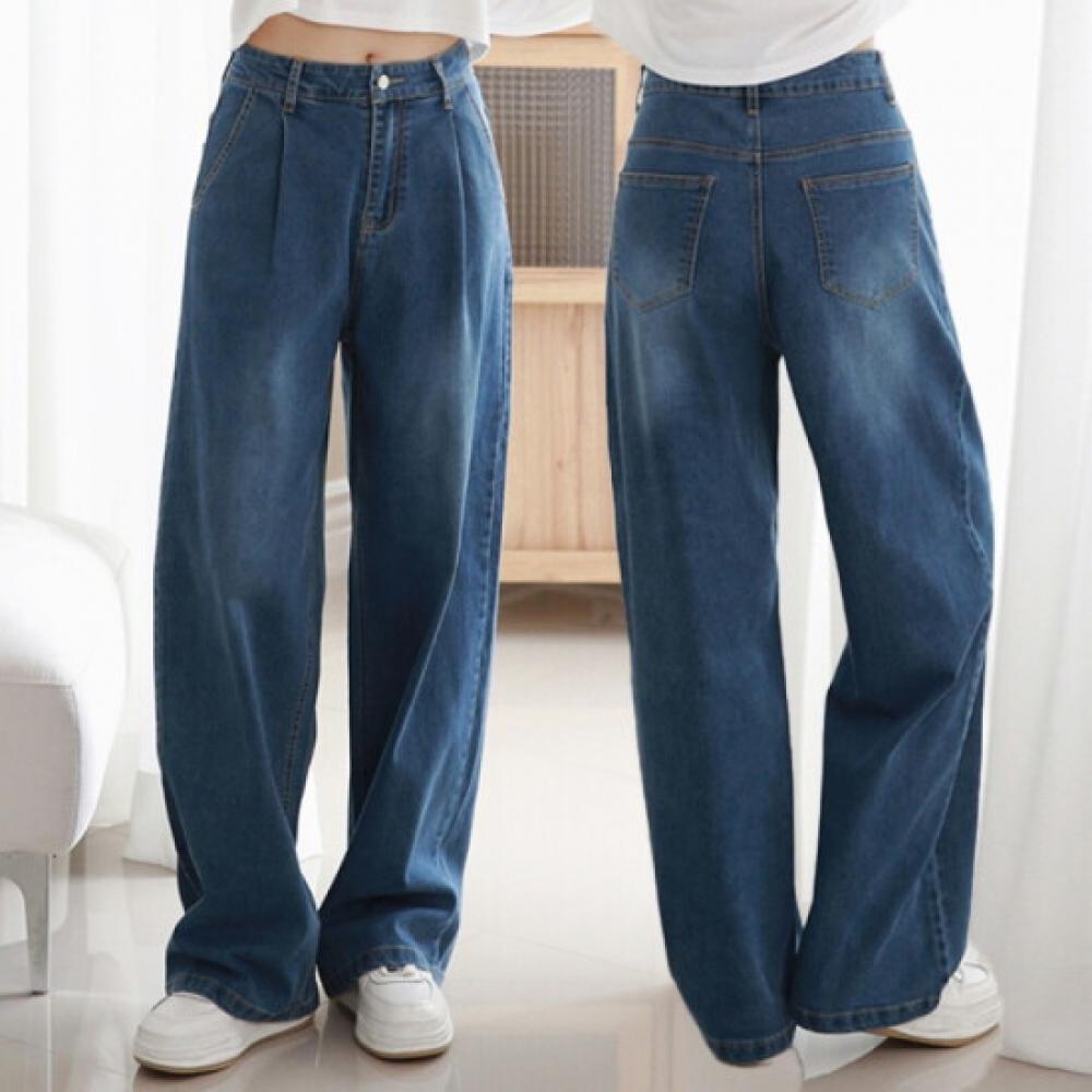 From Heart Spring Autumn Pintuck Wide Long Denim Pants