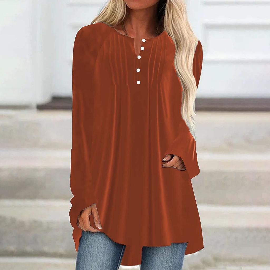 Women's V Neck Long Sleeve Velvet Tunic Top Pleated Button Front A Line Flowy Blouse