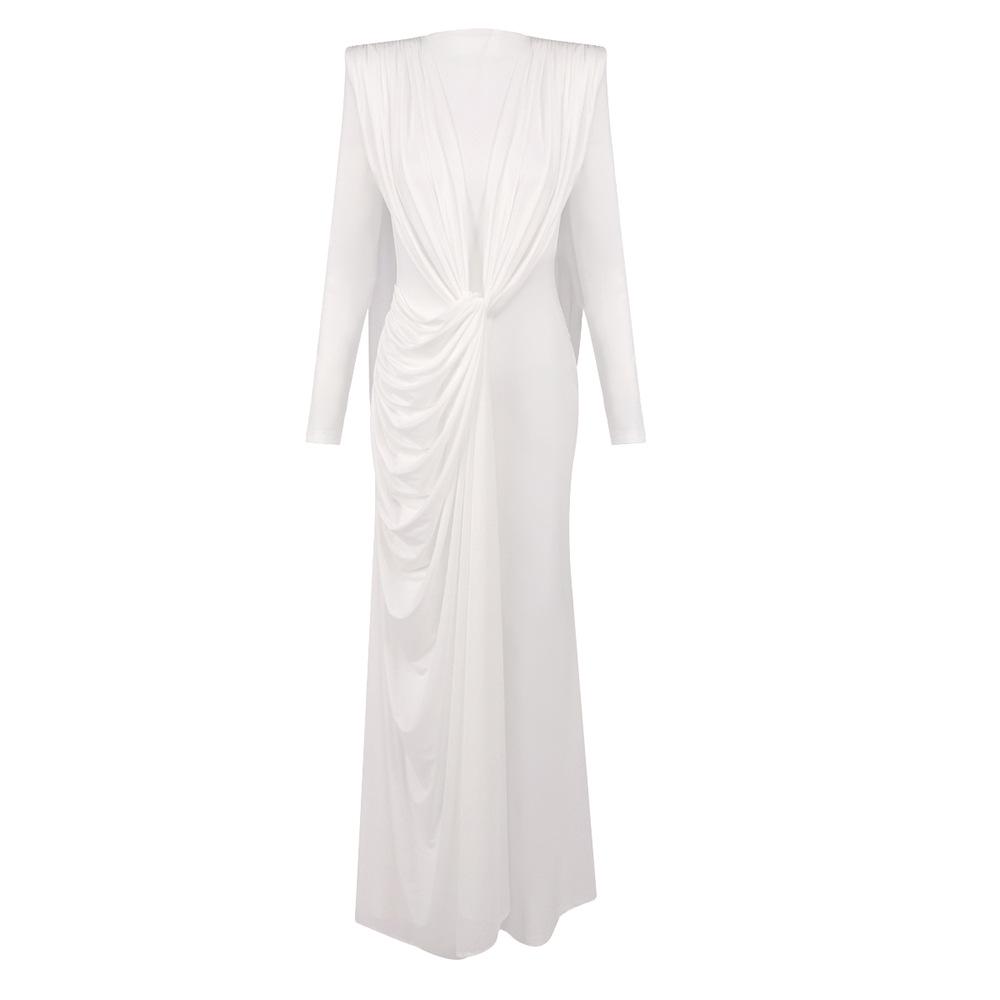 White High-Neck Long-Sleeve Formal Dress with Artistic Chest Decoration