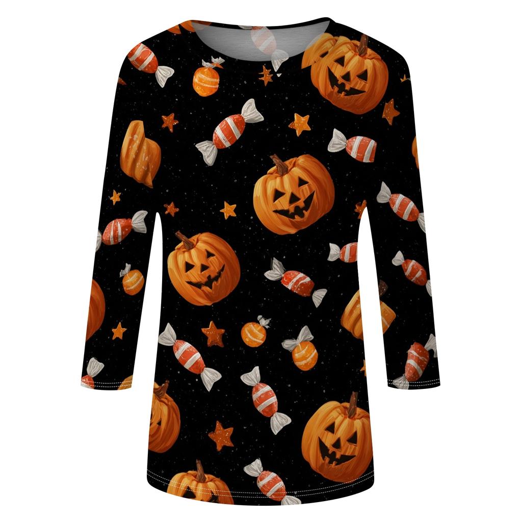 Women Casual Halloween Print Three Quarter Sleeve Round Neck Top Lightweight Comfortable Fit Fashionable Shirt for Everyday Wear