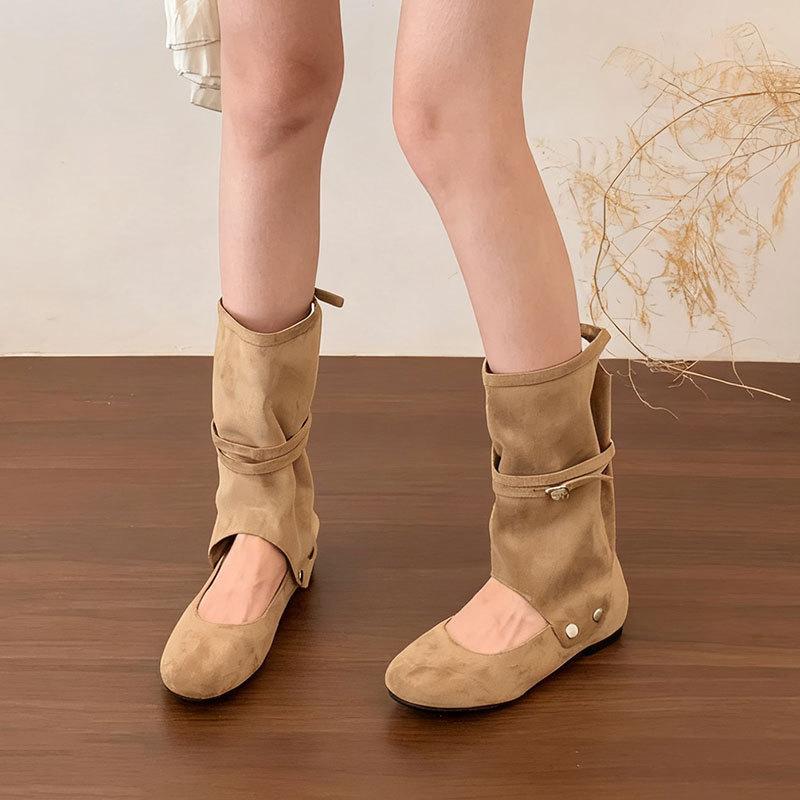 Flat-bottomed Khaki Retro Women's Boots, New Spring and Autumn with Skirts, Sandals, Thin Trousers, Boots, Medium Boots, Women