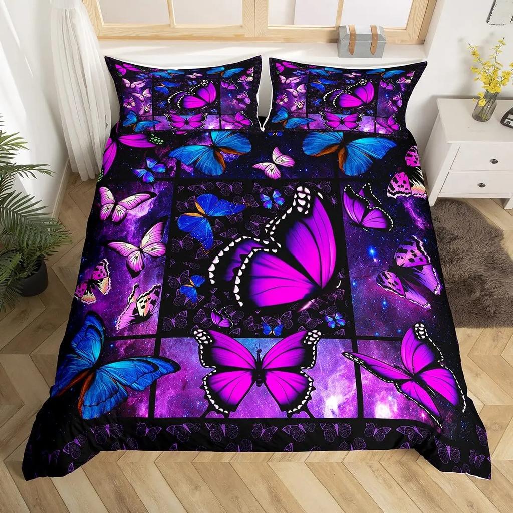 Conjunto de Capa de Edredom Borboleta Roxa Completo Jogos de Cama Borboletas Capa de Edredom Galáxia Para Mulheres,Capa de Colcha Psicodélica Deslumbrante