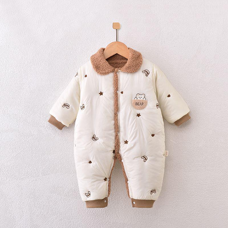 Cartoon Bear Fleece Baby Bodysuit - Warm Winter Outdoor Wear for Newborns