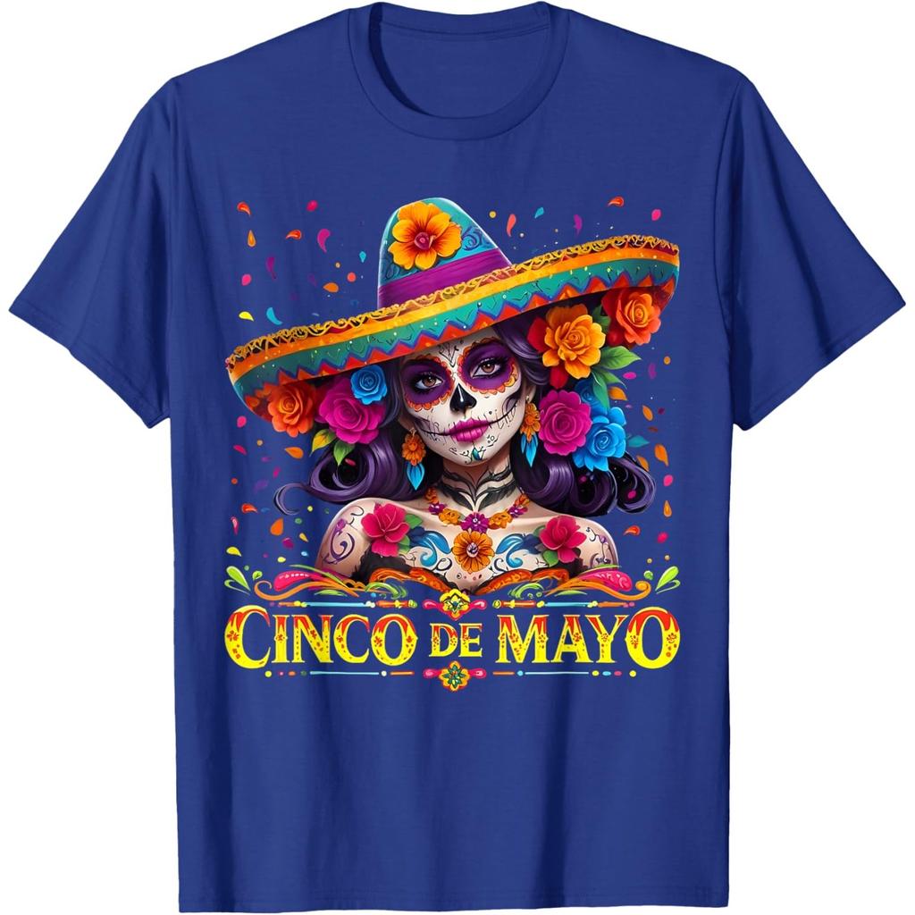 Cinco De Mayo Sugar Skull Women Sombrero Graphic T-Shirt Casual Cotton Tee