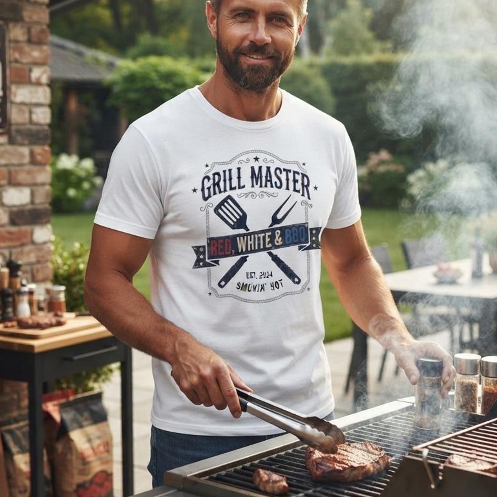Grill Master Red White BBQ Tee | Patriotic Dad Barbecue Gift Shirt & Sticker S