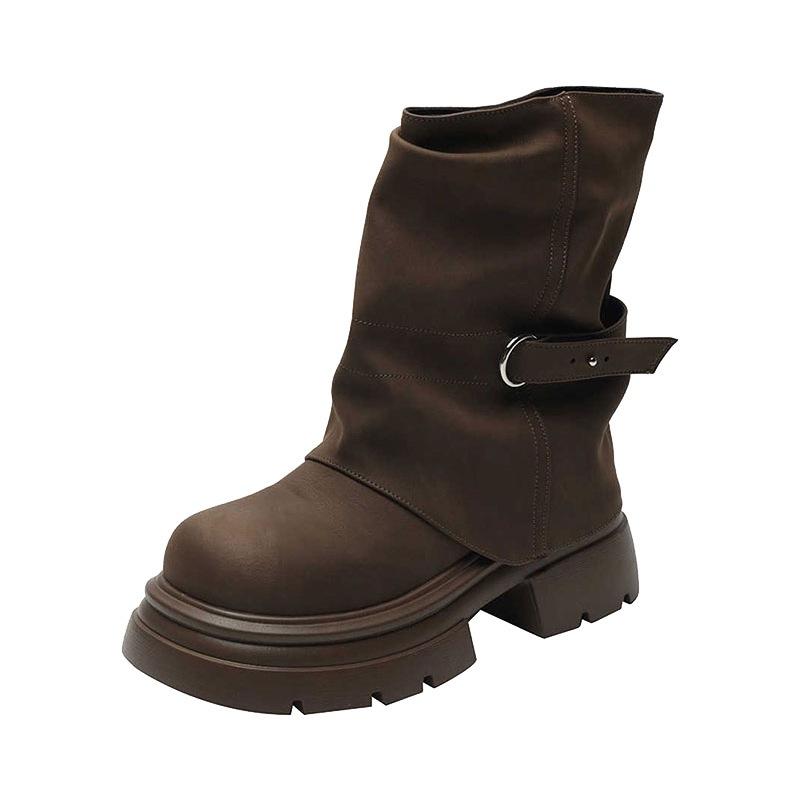 Retro Small Thick-soled Heightening Short Boots Autumn and Winter New Boots High-end Martin Boots Thick Heel Pleated Boots
