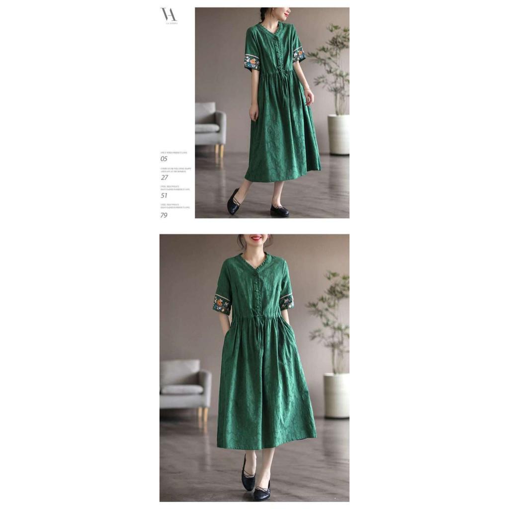 2025 Summer Washed Cotton Dress - Embroidered Midi Dress with Drawstring, Slim Fit Short Sleeve Linen Blend Dress, Boho Chic Casual Women's Outfit