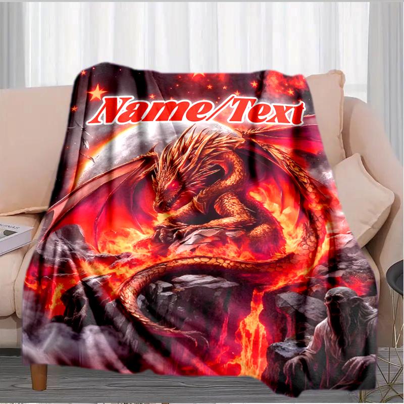1PC Custom Name Dragon Fire Fantasy Art Outdooor Flannel Blankets Throw Blanket All-Season Throw Gift Bedspread for Couch, Bed, Camping Holiday Birthd