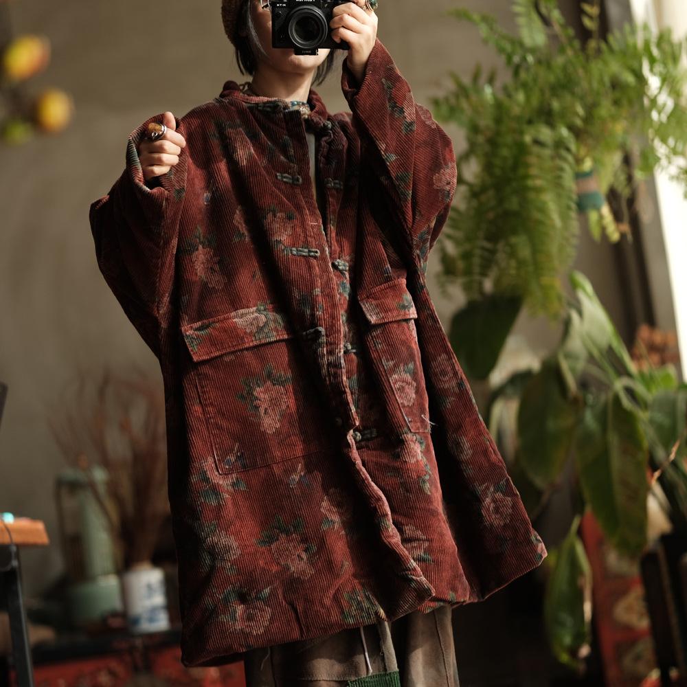 

Johnature Vintage Women Print Floral Stand Long Sleeve Button Warm Coats Winter Pockets Loose Coats One Size
