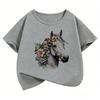 Fashion Horse with Flower Design TShirt Printed T Shirt Girls Summer Clothes Short Sleeve Tops TShirts Cute Girls Clothing