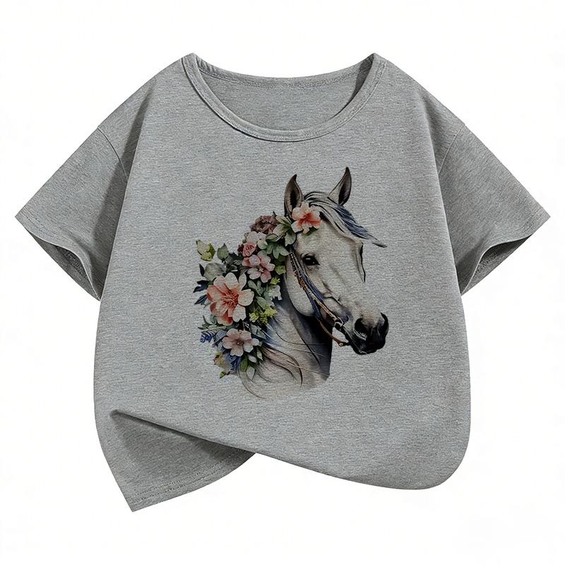 Fashion Horse with Flower Design TShirt Printed T Shirt Girls Summer Clothes Short Sleeve Tops TShirts Cute Girls Clothing