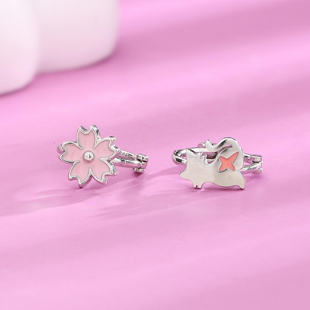 Drop Glaze Pink Cat Flower Ear Buckle Dongdaemun Sweet Girl Student Earrings Kitten Cherry Blossom Asymmetrical Earrings