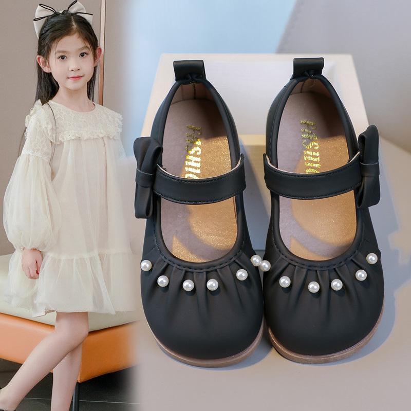 

Girls Leather Shoes Pleated Elegant Kids Princess Shoes Korean Style Side Bows 2025 New Children Flat Shoes Non-slip Soft Sole 26 чёрный