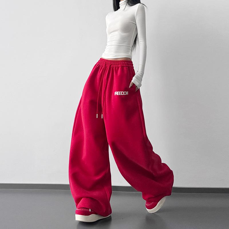 2026 Autumn/Winter Women s Retro Embroidered Wide-Leg Sweatpants Red Extended