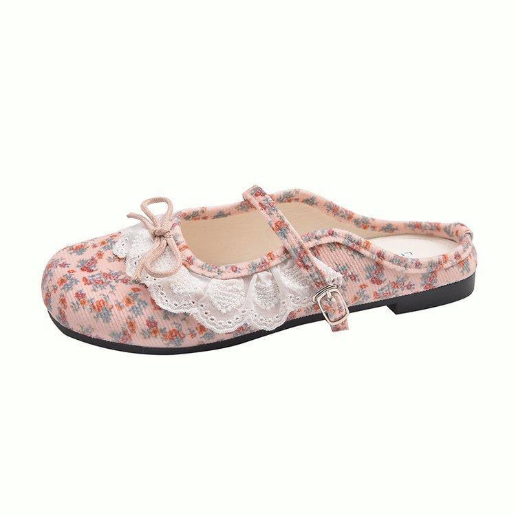 

Французские нежные нишевые кружевные тапочки баотоу 2025 Новые с бантом Квадратный носок Неглубокий вырез Полусабо Один педаль 40