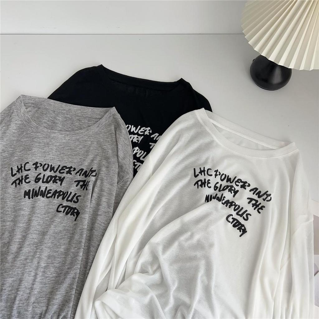 Korean Lazy Style Women's Off-Shoulder Letter Print Sun Protection Long-Sleeve T-Shirt