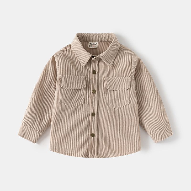 Kids Double Pocket Shirt Spring and Autumn Boys' Long Sleeves Corduroy Shirt Baby Boys' Polo Collar Solid Color Cardigan Top