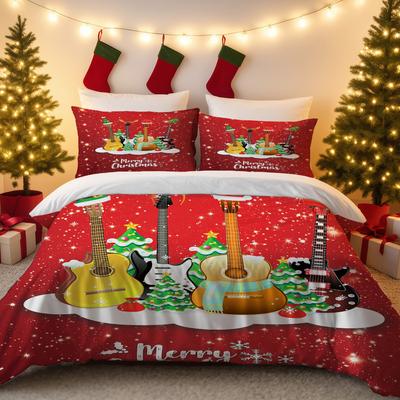 3-teiliges Weihnachts-Musik-Gitarren-Druck Rotes Chipfreies Bettwäscheset Weich und Bequem Schlafzimmer Wohnheim Mehrere Größen Maschinenwaschbar