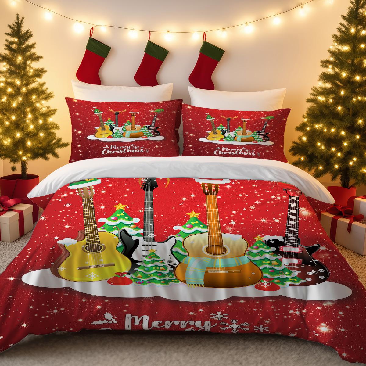 

3pc Christmas Music Guitar Print Red Chipless Bedding Set Soft and Comfortable Bedroom Dormitory Multiple Sizes Machine Washable 135x200cm-EU-Single&set