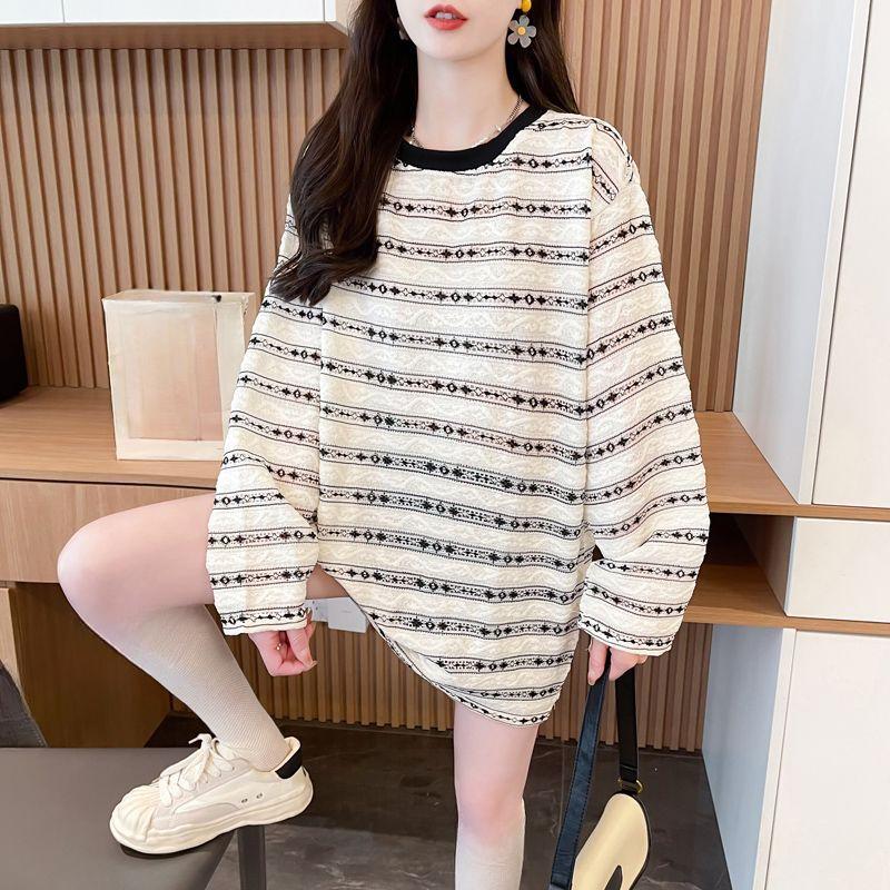 Large-sized Back-collar Striped Bubble Cutout Long-sleeved T-shirt for Women