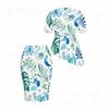 Women Plus Size Tropical Leaf Printed Round Neck Short Sleeve Asymmetric Top Fitted Skirt Two Piece Set