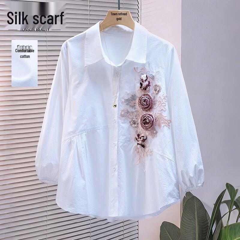 Women s Lapel 3D Floral Loose Cotton Long Sleeve Shirt M