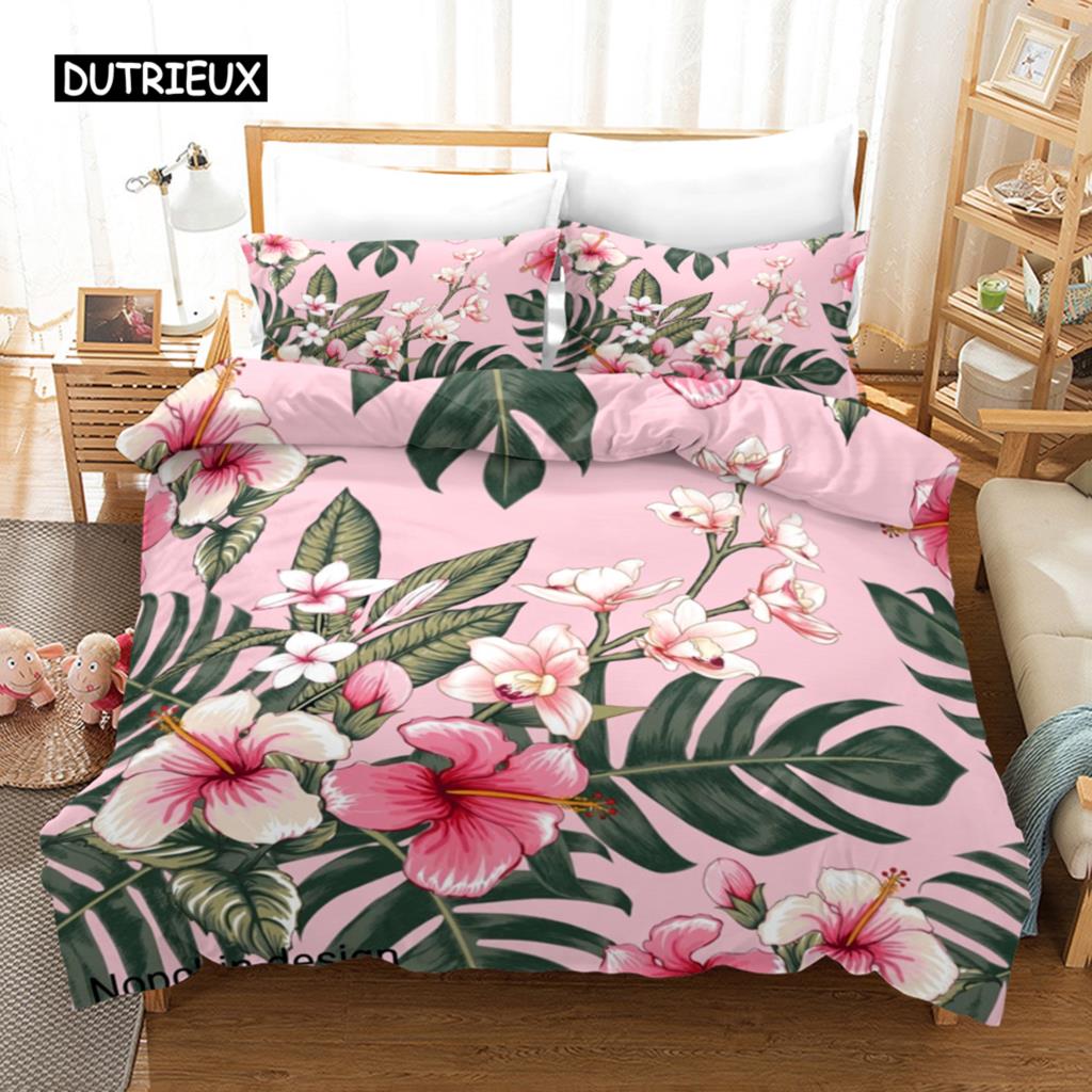Bettbezug-Set mit Blumenmuster, tropisches Bettwäsche-Set mit Blumenmuster, tropische Blumen und Blätter für Kinder und Teenager, Polyester, Doppelbett, Queensize-Bett, Kingsize-Bettbezug