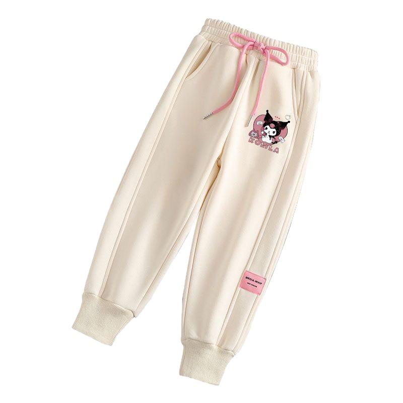 Kuromi Girls' Fleece-Lined Sweatpants - Cartoon Print, Warm & Thick, Cuffed for Spring/Autumn
