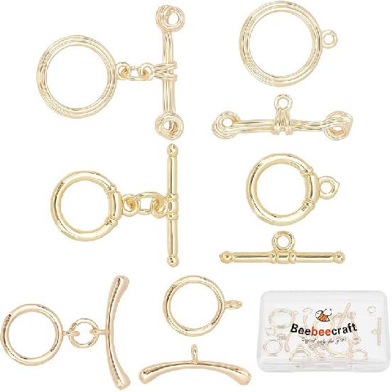 Beebeecraft 10 Наборов Застежки-Тогл с Покрытием 18K Золотом, Соединители, Круглое Кольцо, Застежки-Тогл с Т-образной Планкой, Наборы для Изготовления Ожерелий, Браслетов, Серёг, 3 Style