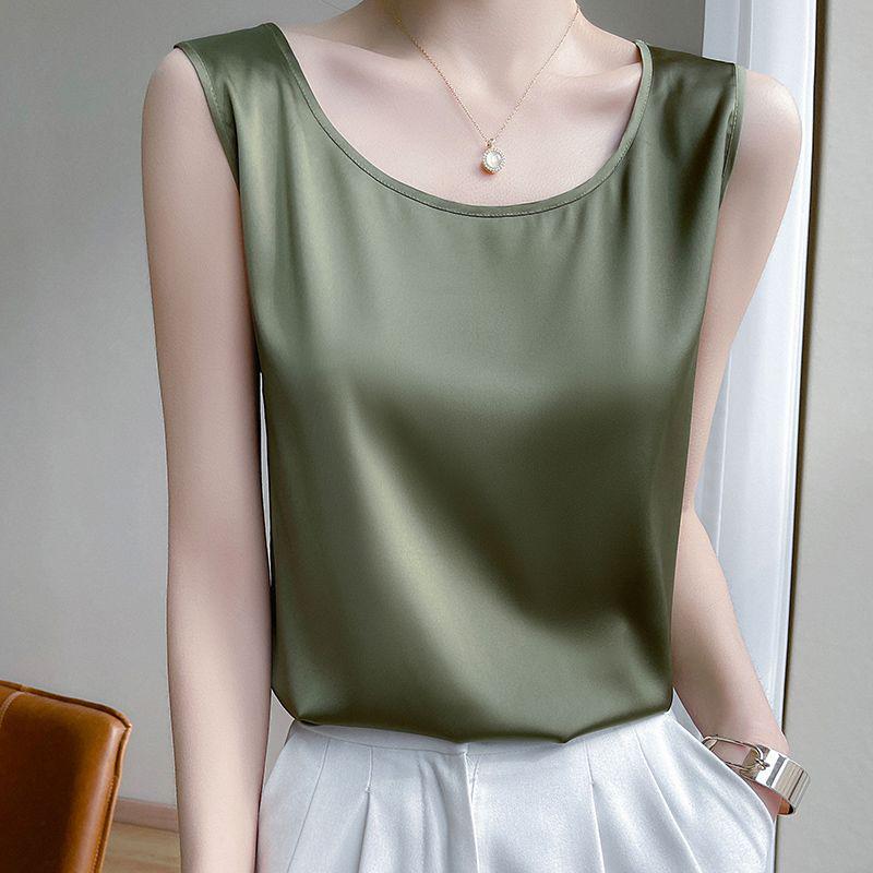 Women's Loose Silk Camisole Vest - Sleeveless Satin Round Neck Top for Summer