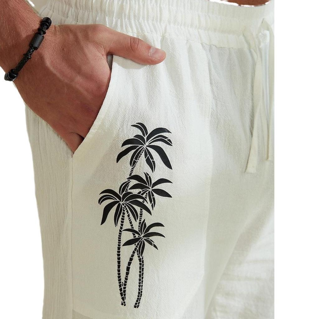 Men's Cotton Linen Thin Section Casual Trousers Straight Loose Printed Trousers Men's Summer Models