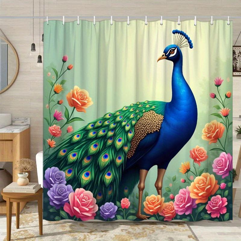 1pc Vibrant Peacock & Floral Shower Curtain - Majestic Garden Scene, Roses & Lilies, Polyester, 12 Hooks, 70.8x70.8"