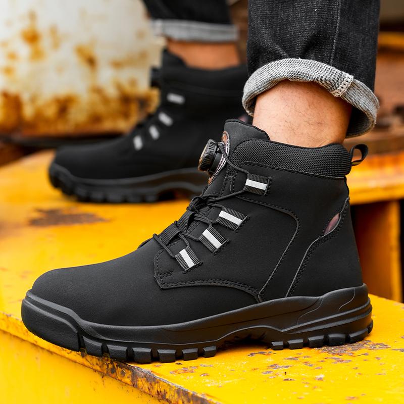 Men's Steel-Toed Safety Shoes With Anti-Crush, Anti-Puncture And Anti-Slip Soles, Fashionable Button Industrial Work Boots