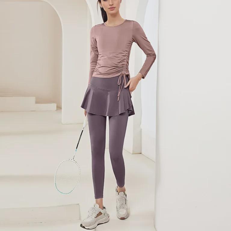 Two-Piece Women's Yoga Skirt Set: Long Sleeve Sports Top for Running, Fitness, and Pilates