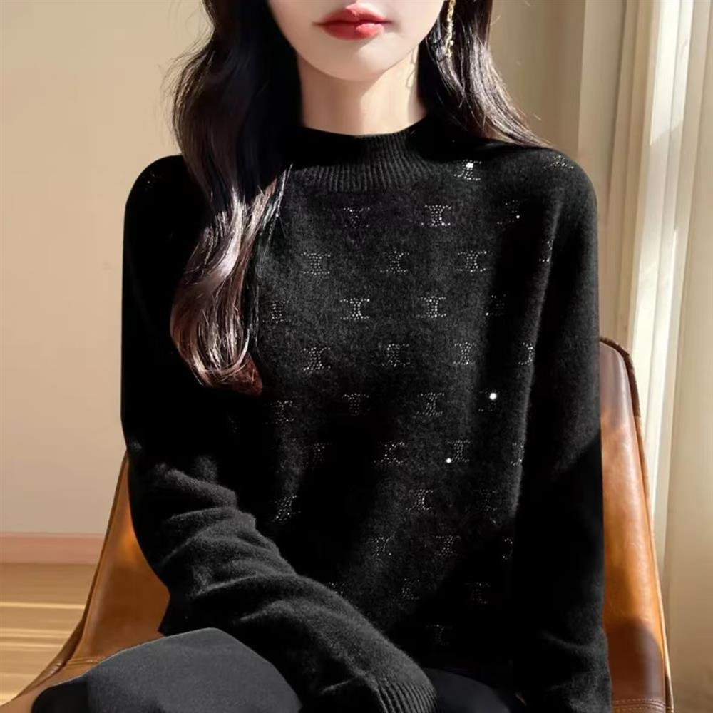 Damen Feine Wolle Verdickender Pullover Halboher Kragen Blatt mit Diamanten besetzt Pullover Damen Gestrickte Basisoberteile Herbst Winter